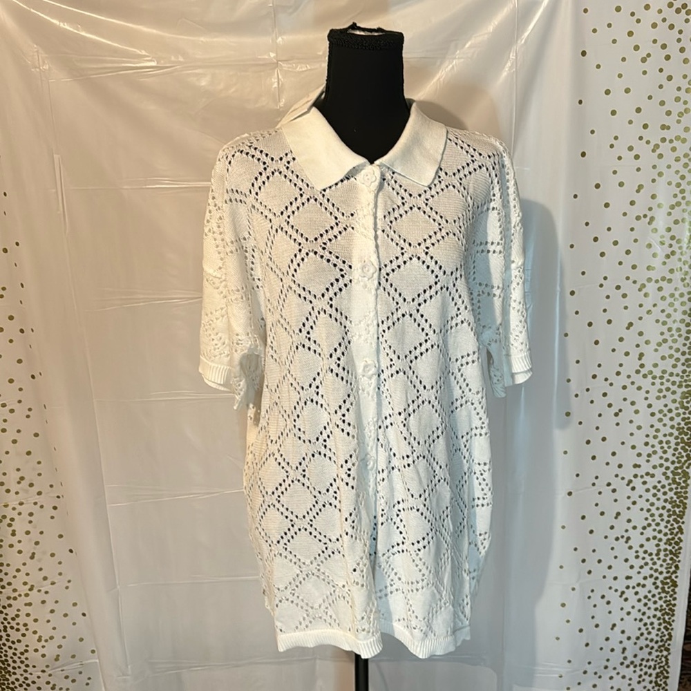Petal Dew White Crochet Knit Oversized CollaredCardigan Sweater Medium NWT